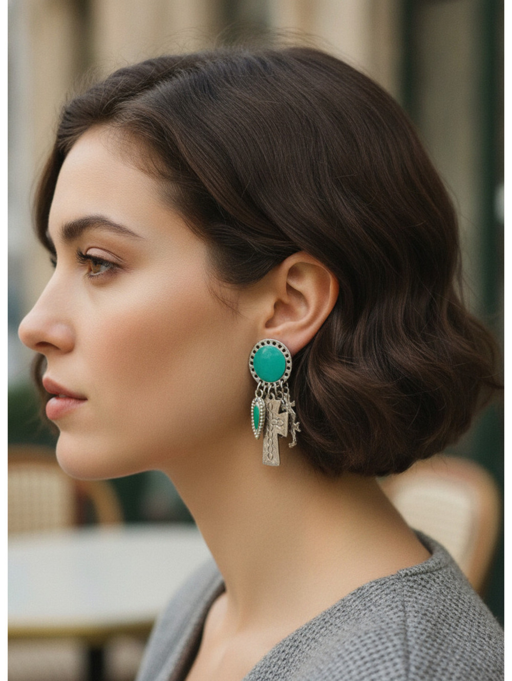 Plated Southwest Style Turquoise Green Enamel & Charm Clip Earrings Cross Lizard